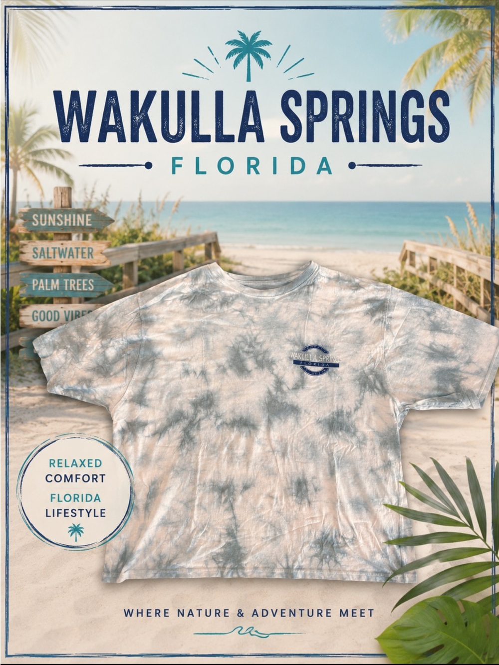 Wakulla Springs Florida Tie-Dye Pocket Tee - Blue & Cream